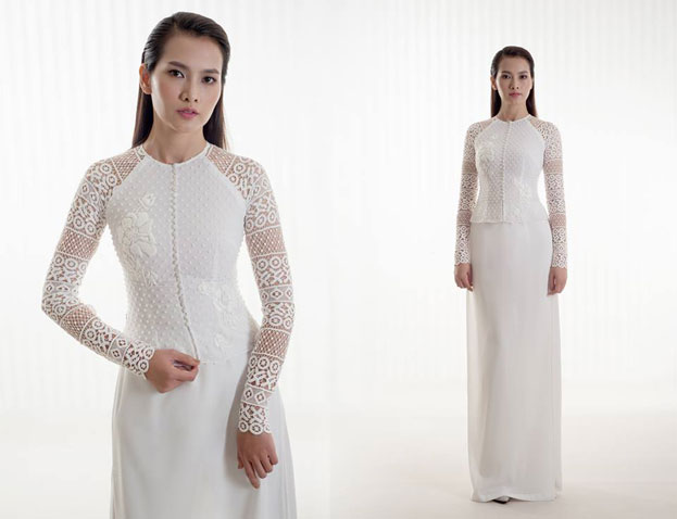 Rạng Rỡ Ngày Cưới Cùng Áo Dài Tay Ren Trắng Và Đỏ - Tiệm Vải Nga Tường
